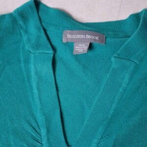 Beechers Brook Womens Teal Green V-Neck Ribbed Hem Short Sleeve Knit Top Medium